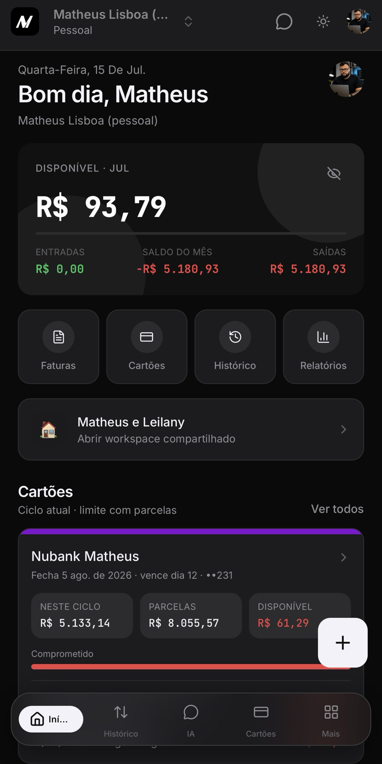 Tela do Melza com saldo e fatura do cartão
